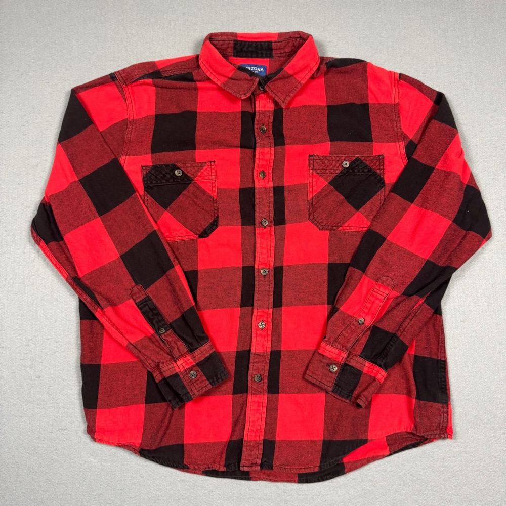 Arizona Jean Co Flannel Shirt Mens XL Red Black Buffalo Plaid Long Sleeve Button